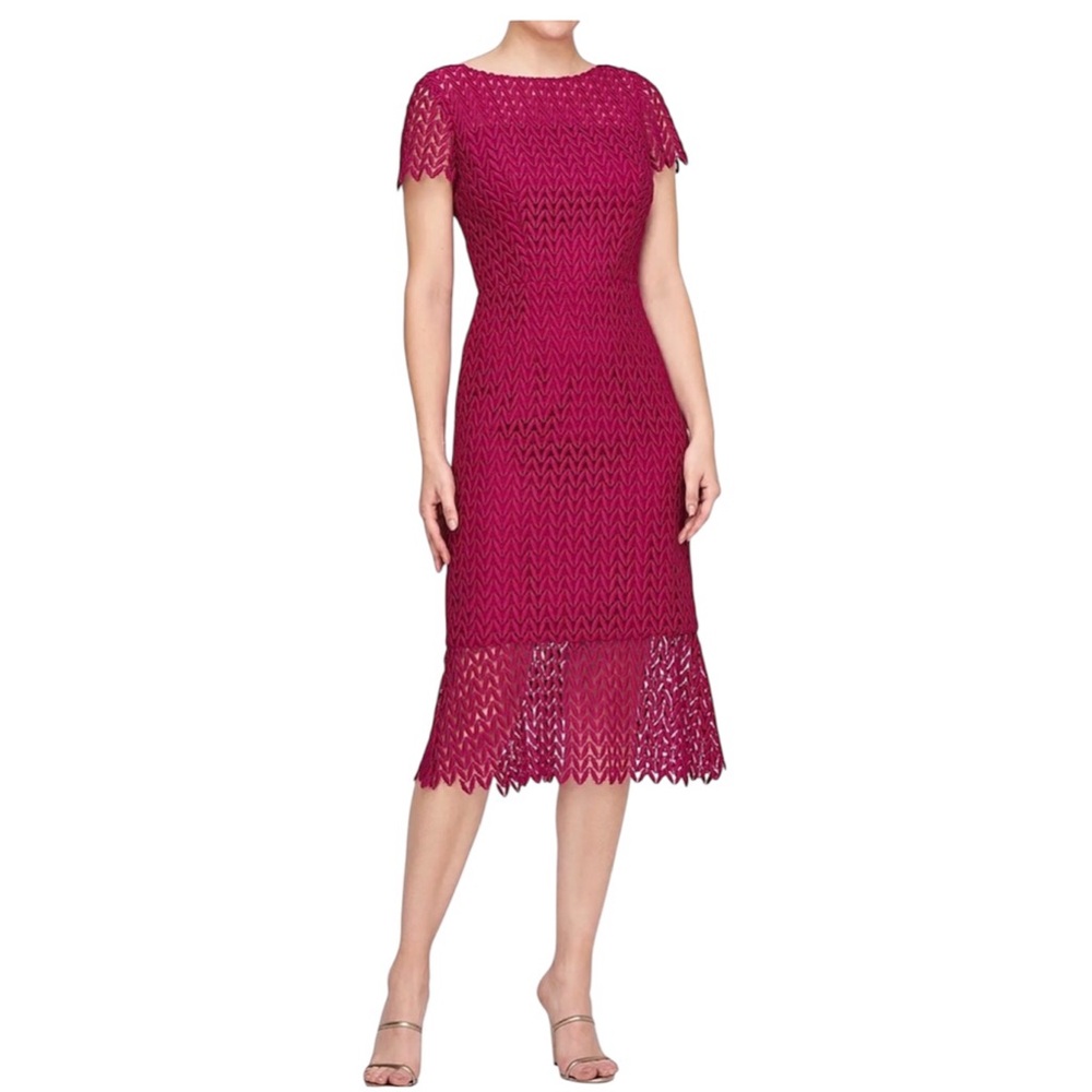Kay Unger Tatum Floral Lace Sheath Midi Dress Size 2 Cocktail Sangria NWT